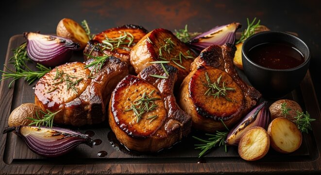 Grilled Pork Chops with Rosemary on a Dark Wooden Surface