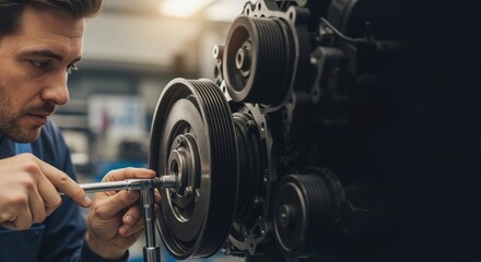 Professional male mechanic repairing a car engine with a socket wrench. Focused technician working in an auto garage