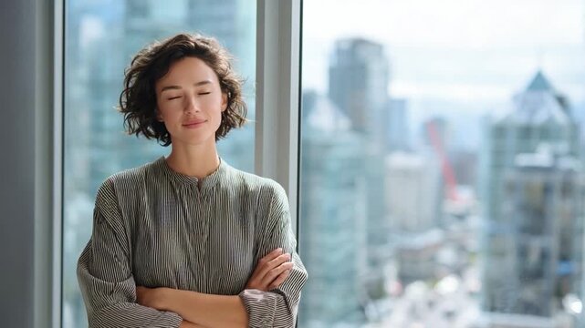 Serene Contemplation: An elegant woman finds peaceful reflection by a large window overlooking a cityscape, a moment of tranquil repose and gentle contemplation.