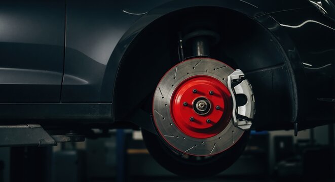 Close-up of a car's high-performance brake disc and caliper. Vehicle maintenance and repair in an auto service garage. Installing new custom sport brake parts for tuning - Powered by Adobe