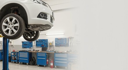 Car on a hydraulic lift at an auto service station. Vehicle maintenance and repair in a modern workshop with copy space for text