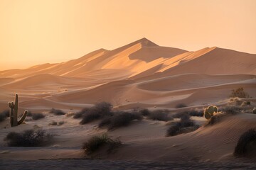 Golden Hour Sands Bathed in Warm Light Sculpting Desert Dunes Under a Vast Sky Revealing Cacti and Arid Landscape Textures