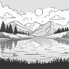 Serene Mountain Lake Landscape with Sun and Clouds.