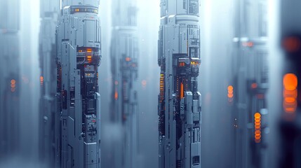 A futuristic cityscape with towering, complex sci-fi structures. The structures are metallic grey with intricate details and glowing orange lights visible withi