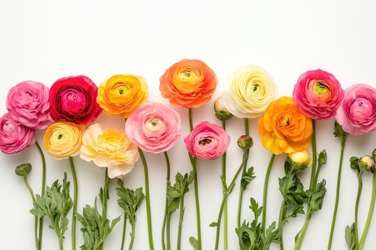 A vibrant bouquet of flowers, including roses, daisies, and tulips, arranged in a neat row on a white background.
