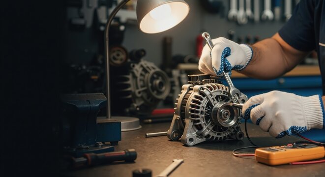 Close-up of a mechanic repairing a car alternator with a wrench. Technician working on a vehicle part in an auto service workshop
