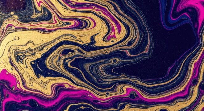 A colorful fluid art background with swirling inks in metallic gold, deep navy, and magenta.