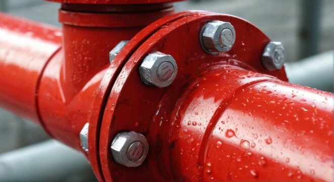 Red metal pipe with silver bolts, nuts in circular pattern, shiny surface  industrial setting with blurred background.
