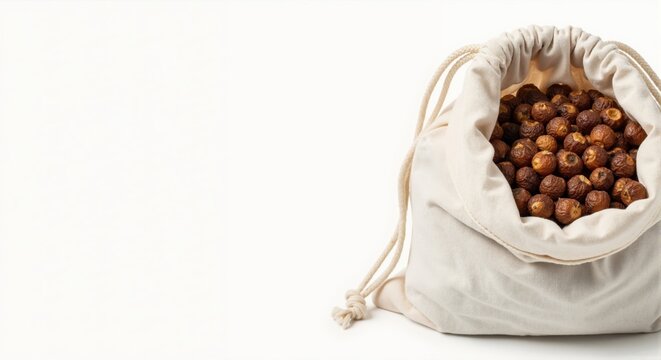 Natural soap nuts in an eco-friendly cotton bag. Organic reetha berries for zero waste laundry on a white background with copy space