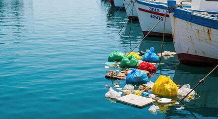 Obraz premium Plastic garbage bags and trash polluting the water in a harbor. Environmental contamination and ocean pollution concept with copy space