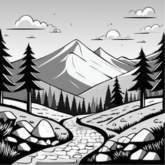 Serene Mountain Landscape with Winding Path and Pine Trees.