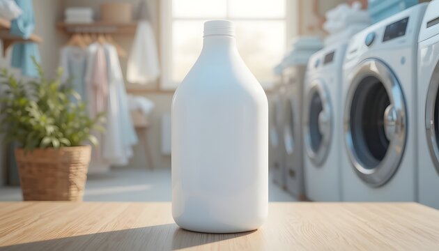 Modern laundry room featuring a clean, blank detergent bottle on a wooden surface, ideal for showcasing eco-friendly cleaning products and sustainable home solutions