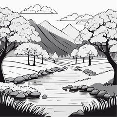 Serene Mountain Landscape with Winding River and Trees 1.