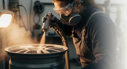 Female mechanic painting car wheel rim with spray gun in workshop. Professional woman worker wearing safety mask and goggles restoring alloy wheel. Automotive repair concept