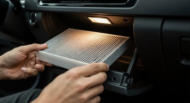 Mechanic changing car cabin air filter inside open glove box. Hands holding pleated filter for vehicle maintenance. Auto ventilation system service