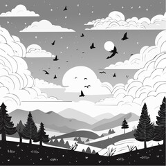 Monochrome Mountain Landscape with Birds and Trees.