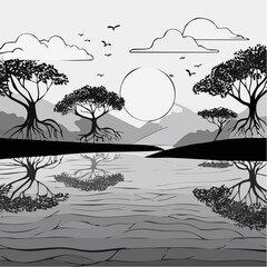 Monochrome landscape with trees and mountains reflected in water.