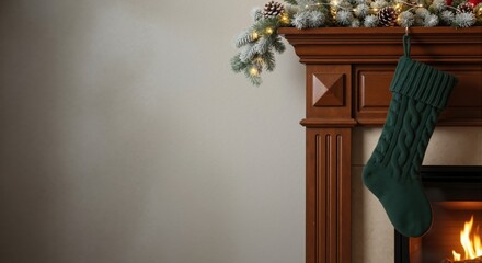 Green knitted Christmas stocking hanging on wooden mantelpiece with garland. Cozy fireplace background with burning fire. Holiday concept with copy space for text