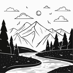 Mountain landscape with river and trees illustration.