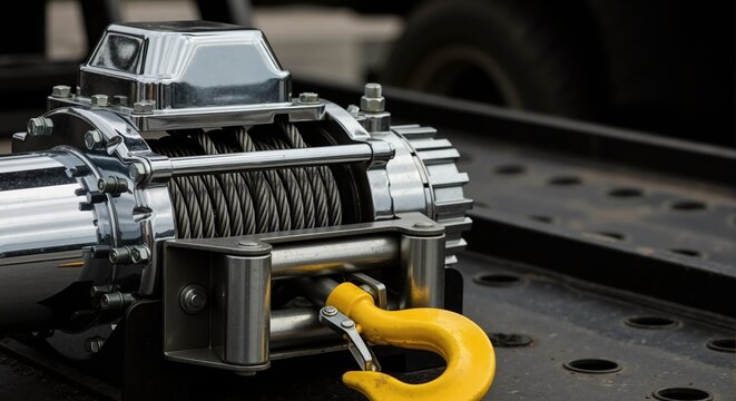 Chrome electric winch with steel cable and yellow hook. Heavy duty towing equipment detail on truck trailer. Car recovery mechanism close up