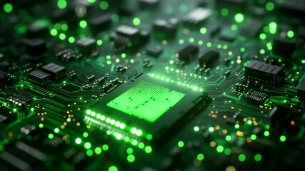 Green Circuit Board with Microchip and LED Lights - Powered by Adobe