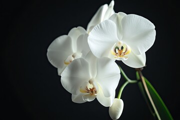 A delicate orchid with white petals and a yellow center, hanging from a thin green stem against a dark background.