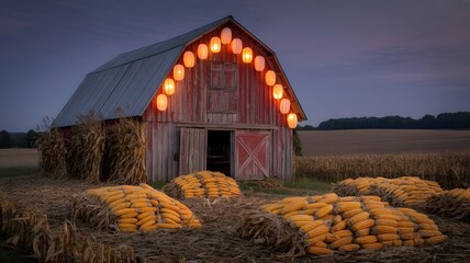 A Rustic Red Barn Adorned with Festive Orange Lanterns Stands Silhouetted Against a Twilight Sky with Stacks of Harvested Corn in the Foreground