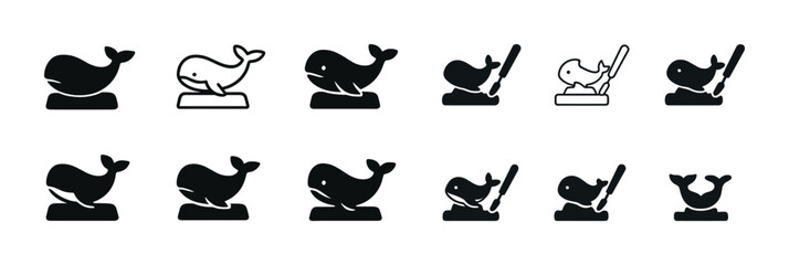 Silhouette icons of whales and harpoons representing marine conservation themes