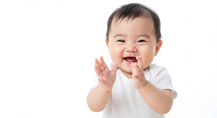 Joyful baby enthusiastically claps hands a wide radiant smile captured with bright studio lighting. AI Generated