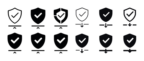 Set of twelve security shields with check marks in various styles