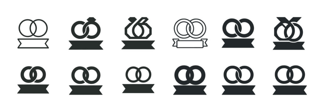Black and white wedding ring icons collection on white background