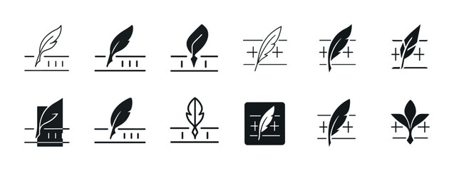 Various feather and pen icons in different design styles for writing and creativity