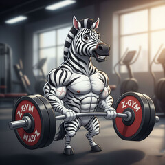 Cartoon zebra lifting weights inside of the gym