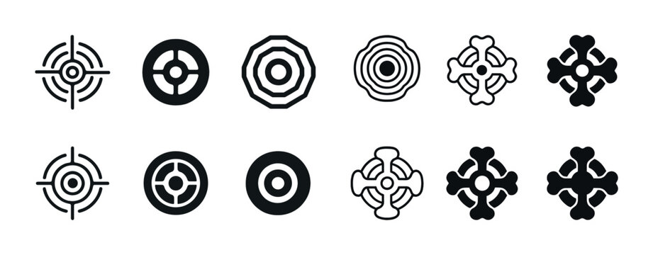 Set of 12 black and white target and crosshair icons