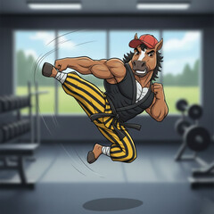 Horse character practices martial arts in the gym.