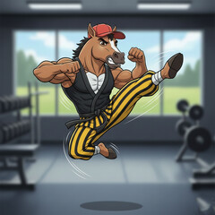 Muscular horse practices karate in gym cartoon art