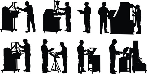 Industrial silhouettes of workers operating machinery, inspecting equipment, reviewing documents, factory safety illustration, manufacturing workplace artwork, technical design art