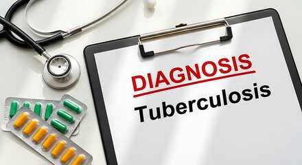 Tuberculosis diagnosis on clipboard with stethoscope and blister packs of medication isolated on white background