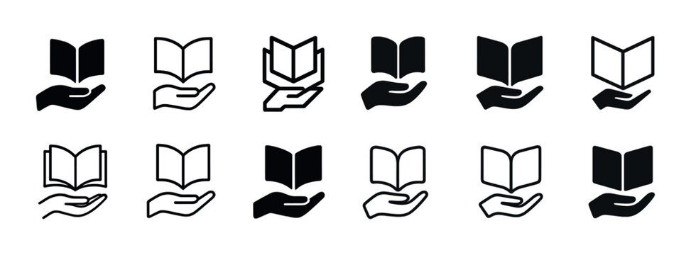 Collection of book and hand icons in simple black and white design