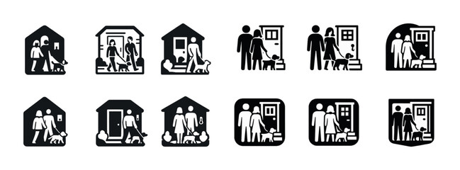 Icon set of families with children and pets in various home settings