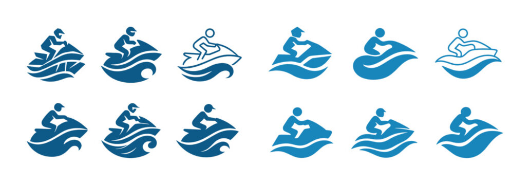 Set of blue jet ski icons in various styles and poses