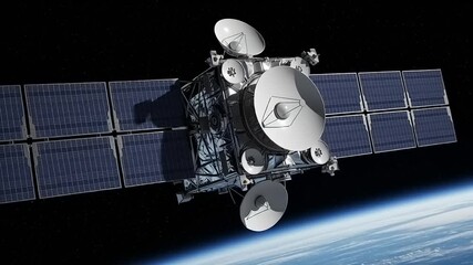 Futuristic communication satellite deploying solar arrays in high Earth orbit, symbolizing global connectivity and advanced space technology for worldwide data transmission and observation