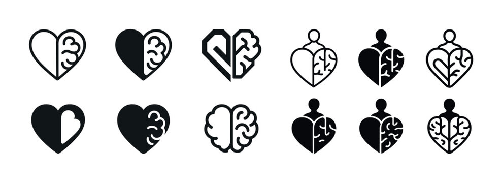 Heart and brain symbol icons set - love and intelligence designs