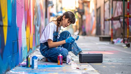 Female Graffiti Artist Spray Painting on a Colorful Urban Wall