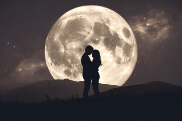 Silhouetted Couple Embracing Under a Large Full Moon in the Night Sky with Stars and Wispy Clouds Above Rolling Hills