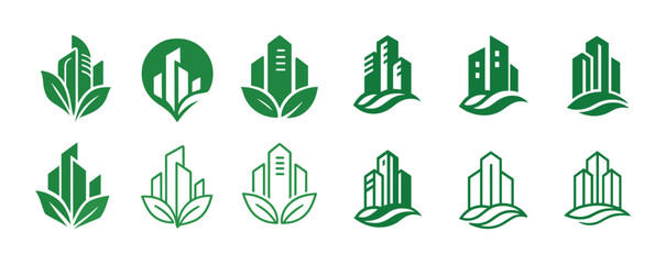 Eco-friendly green building logos with leaf designs