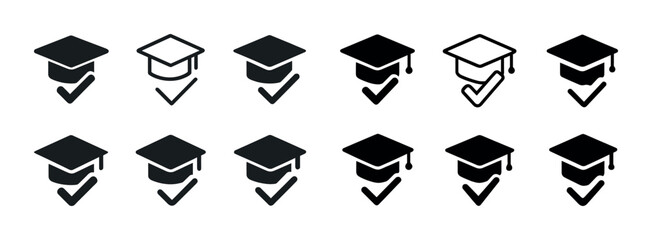 Graduation cap icons with check marks in various styles and designs