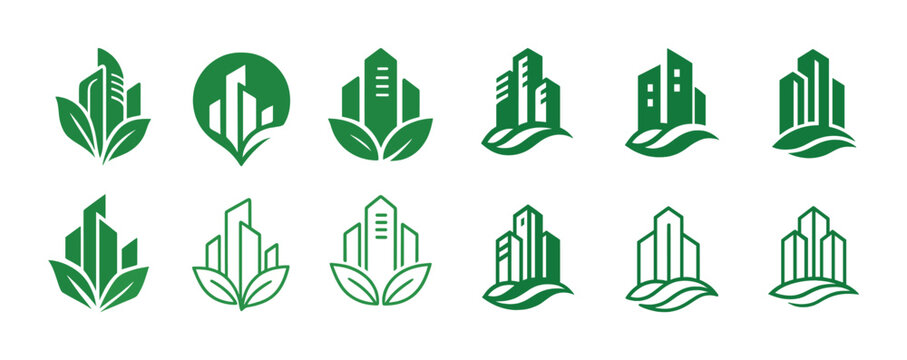 Eco-friendly green building logos with leaf designs