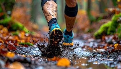 Close-up of Trail Runner's Shoes Splashing Mud and Water in Forest