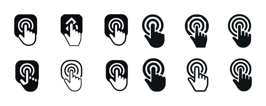 Collection of touch screen icons featuring hand gestures in various styles